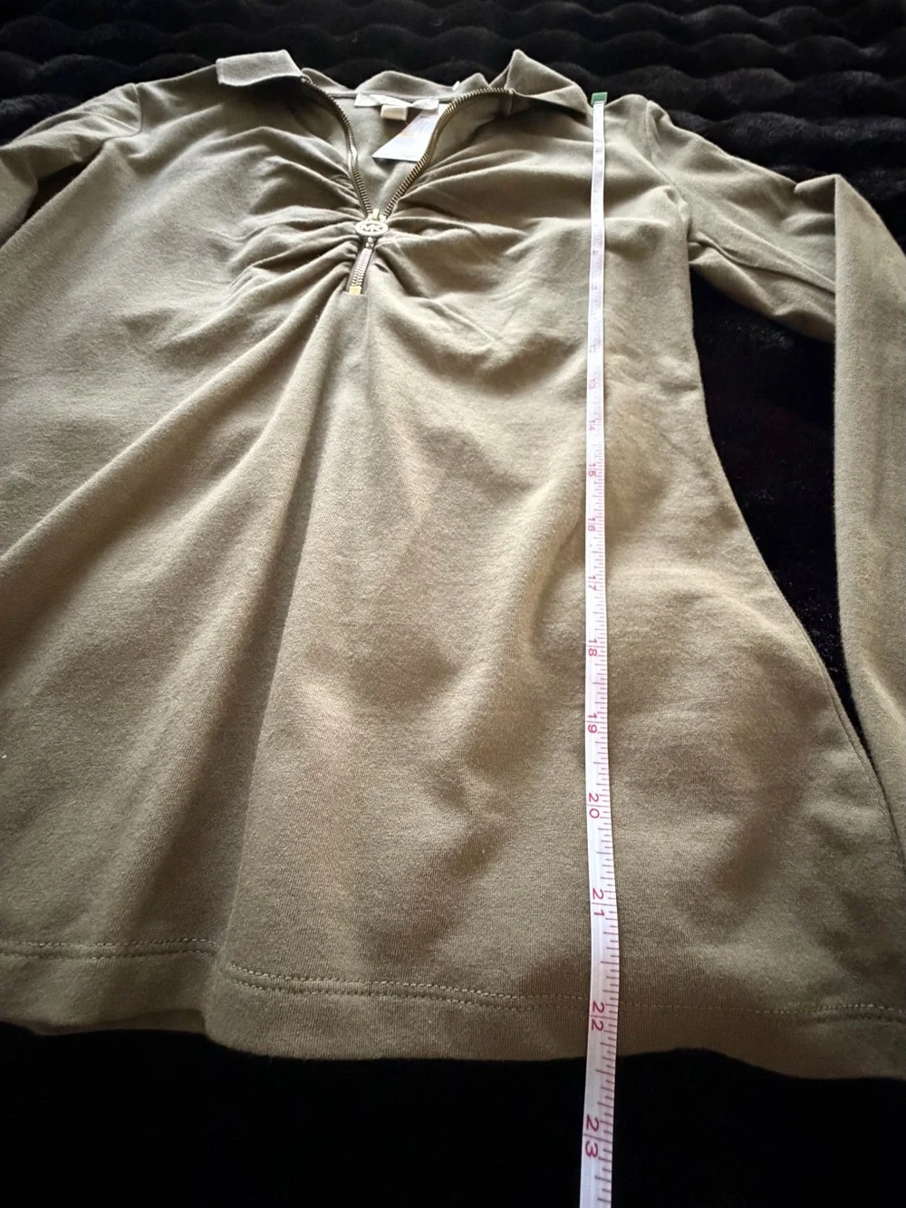 Michael Kors Olive Green Long-Sleeve Polo Top with Gathered Front
